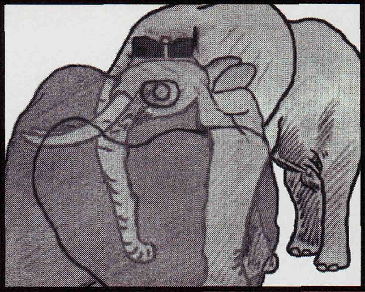 With both eyes open, the head is visible through the hands and rifle.  Illustrations from W.D.M Bell, Wanderings of an Elephant Hunter, courtesy Safaripress.com.